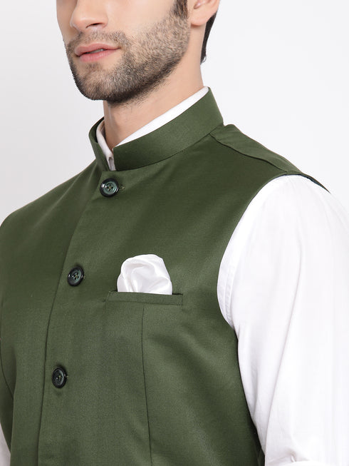Men's Green Cotton Blend Twill Nehru Jacket